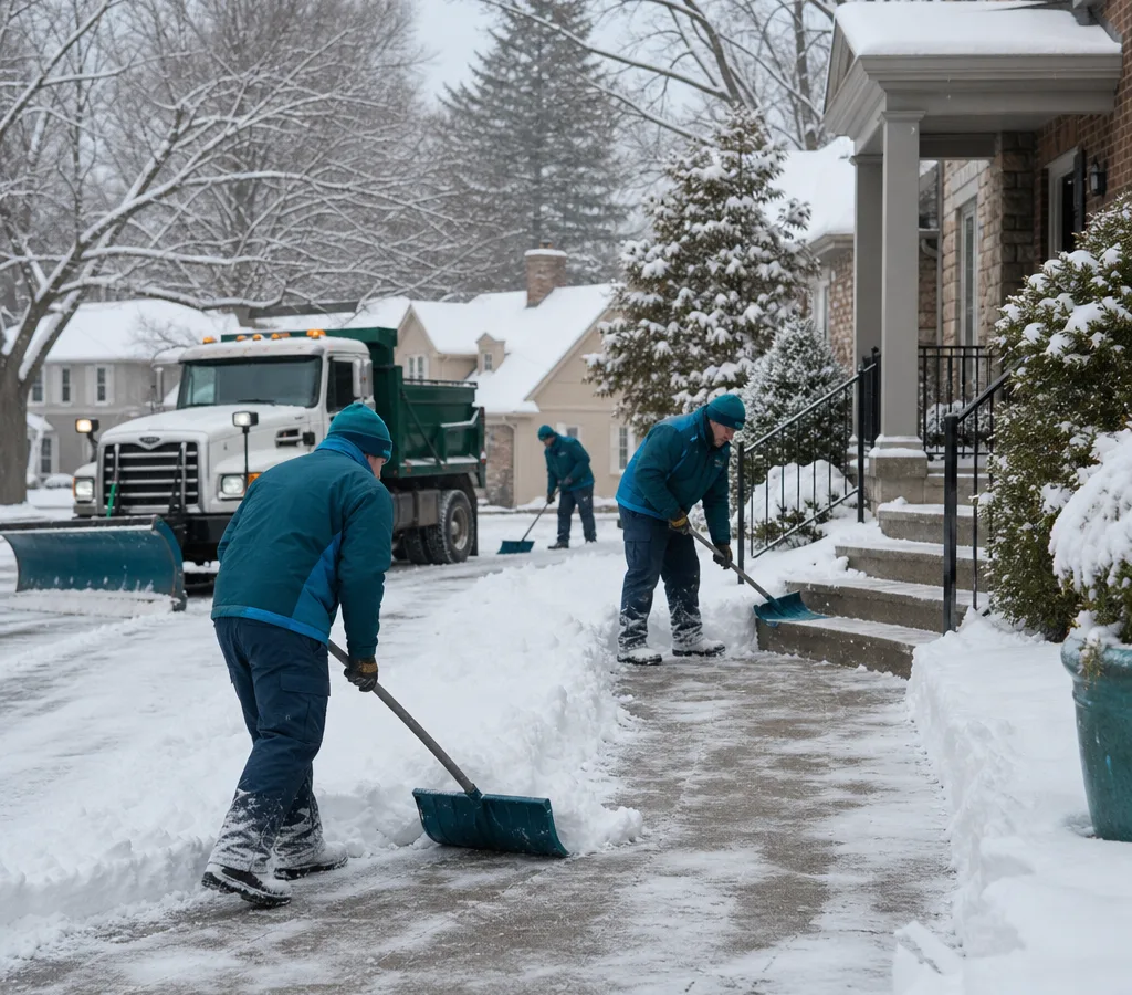 Crew clearing a Pittsburgh residential driveway and front walkway with a plow truck nearby and a salted path to the steps