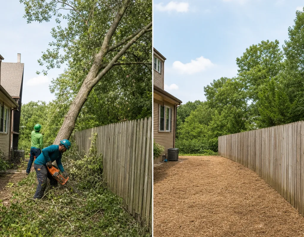 Before and after views of a damaged tree near a fence and the cleared yard after removal and hauling