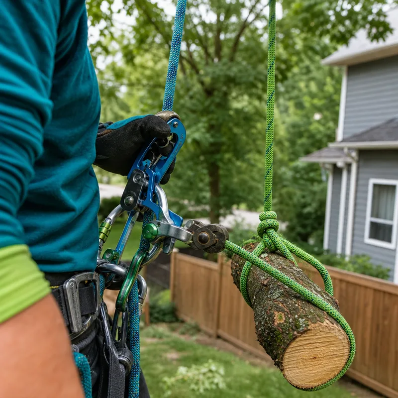Arborist rigging a tree limb for controlled lowering near a house and fence