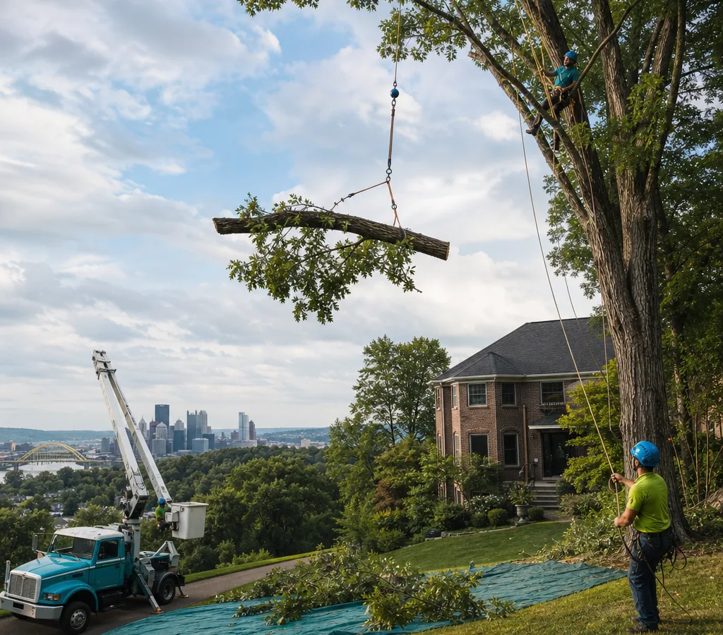 Crew performing a controlled removal of a mature tree near a Pittsburgh home using ropes, rigging, and a bucket truck