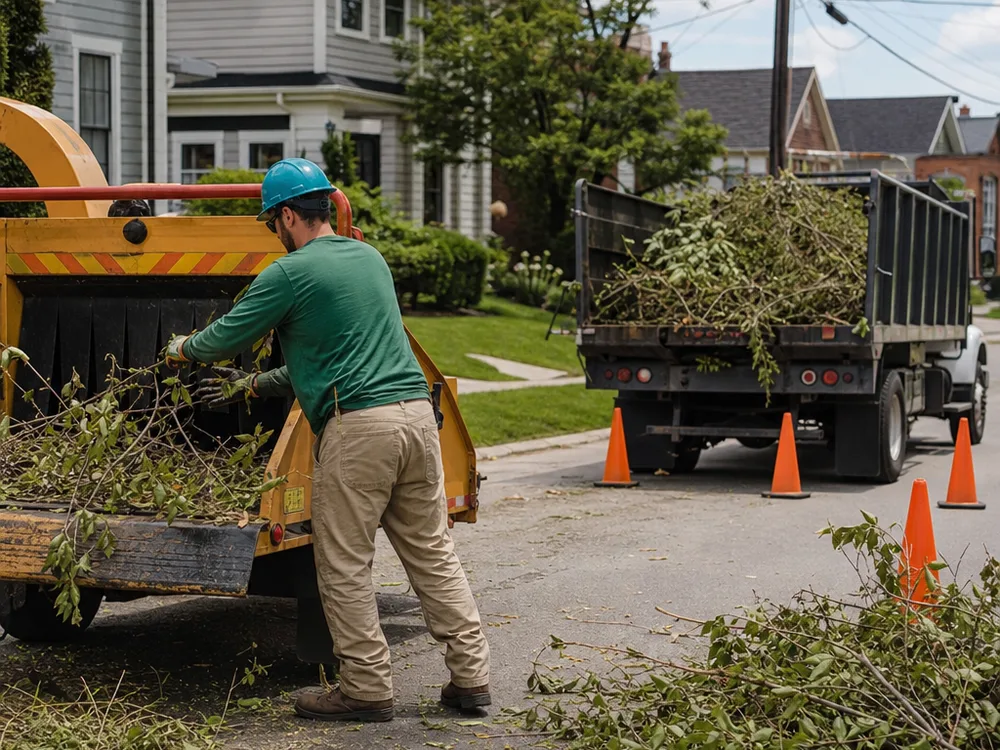Truck and chipper staged with cones on a residential street while tree brush is chipped and hauled away