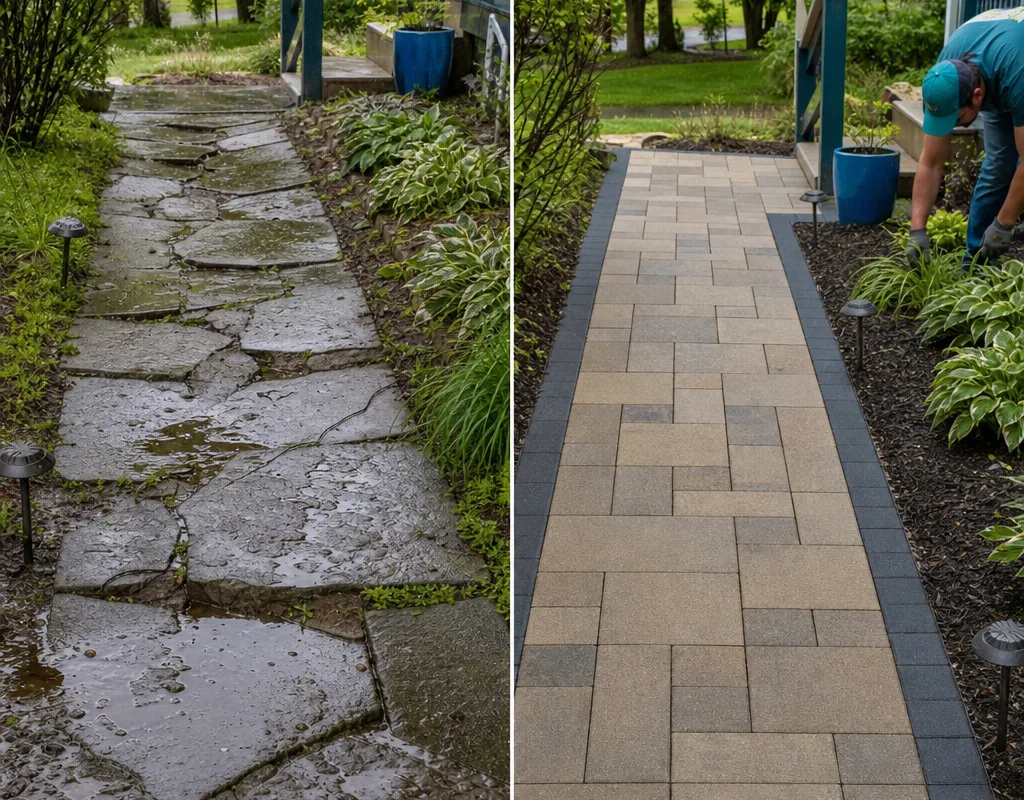Before and after comparison of a sunken walkway rebuilt as a level edged paver path