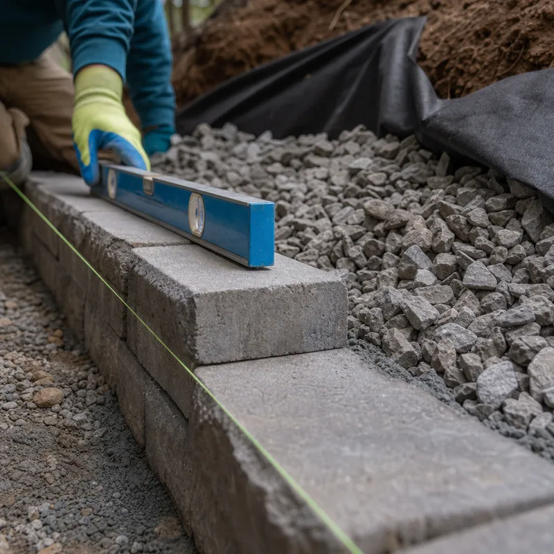 Retaining wall construction showing a level base course and drainage aggregate behind the wall