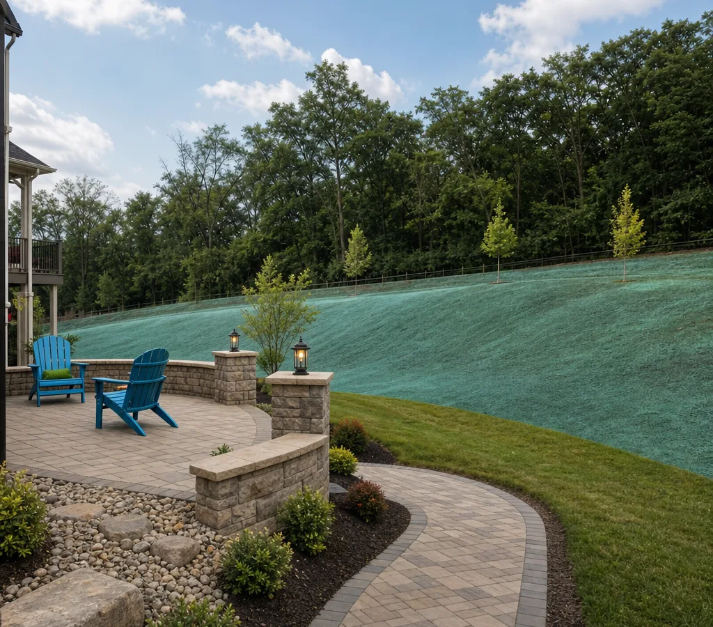 Finished Pittsburgh-area backyard with a paver patio, short seat wall, walkway, and sloped lawn