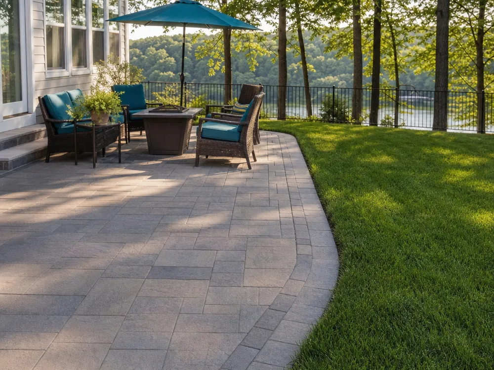 Finished backyard paver patio with a sitting area and clean transition into the lawn