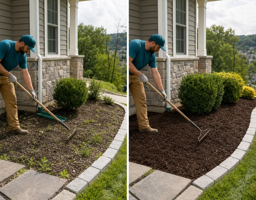Planting bed before mulching and after receiving an even layer, defined edge, and tidy hardscape