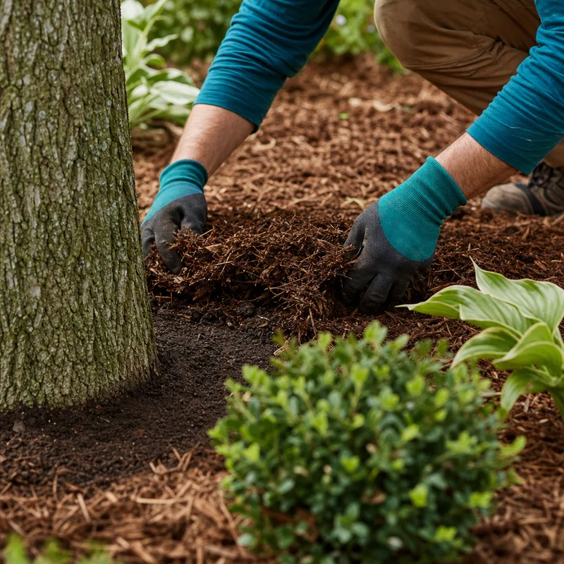 Mulch pulled back from a tree trunk with a smooth, consistent finish around shrubs and perennials