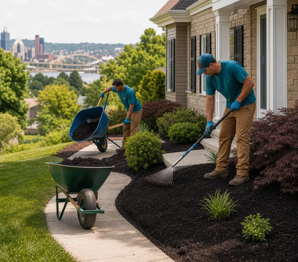 Crew applying fresh mulch evenly around a Pittsburgh home's planting beds with clean walkway edges