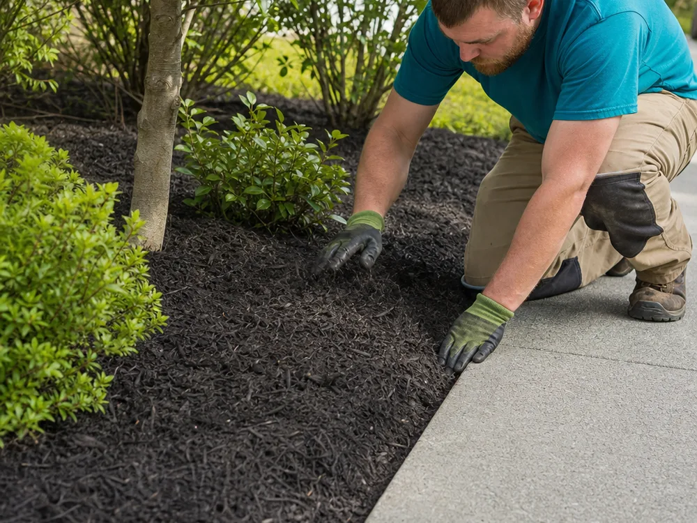 Freshly installed mulch with a sharp edge along a sidewalk and material pulled back from shrubs and a young tree