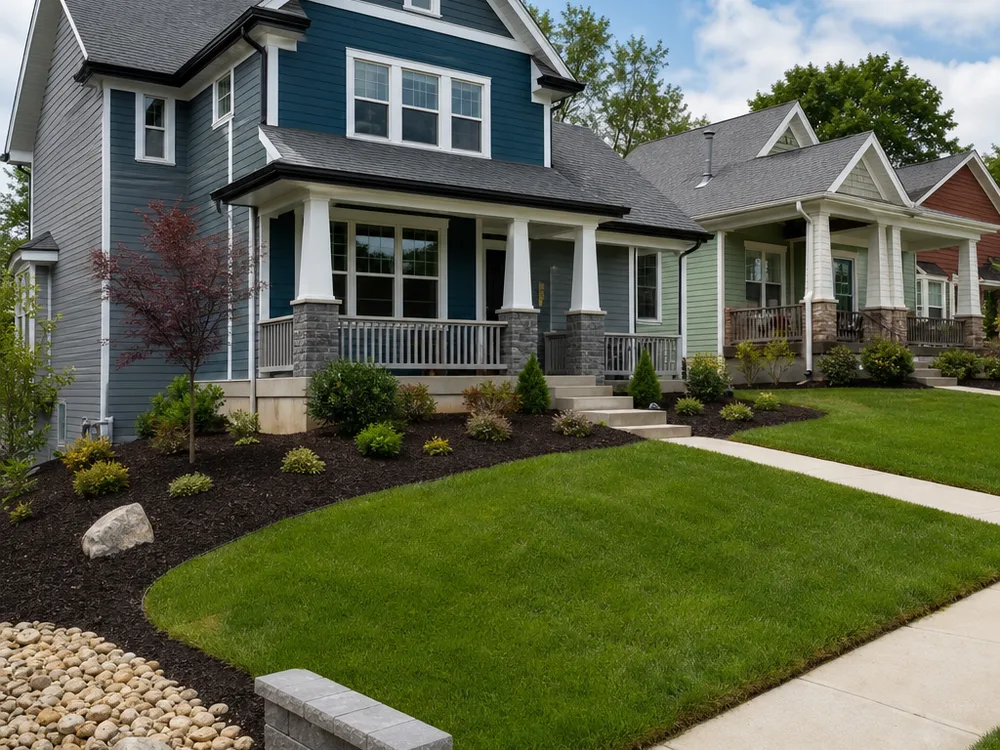 Pittsburgh home with freshly mulched front beds, crisp lawn edging, and clean sidewalks