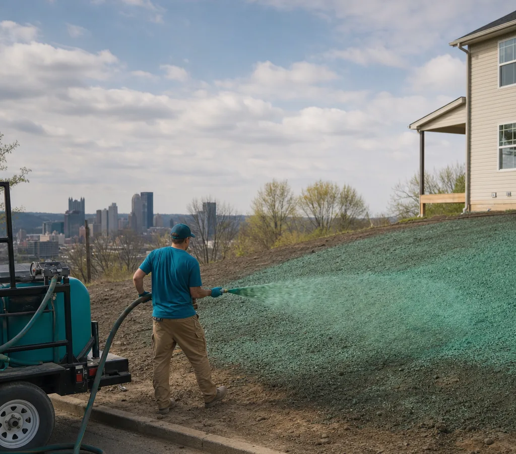 Crew hydroseeding a freshly graded residential yard in Pittsburgh with a visible green slurry fan pattern and hose rig