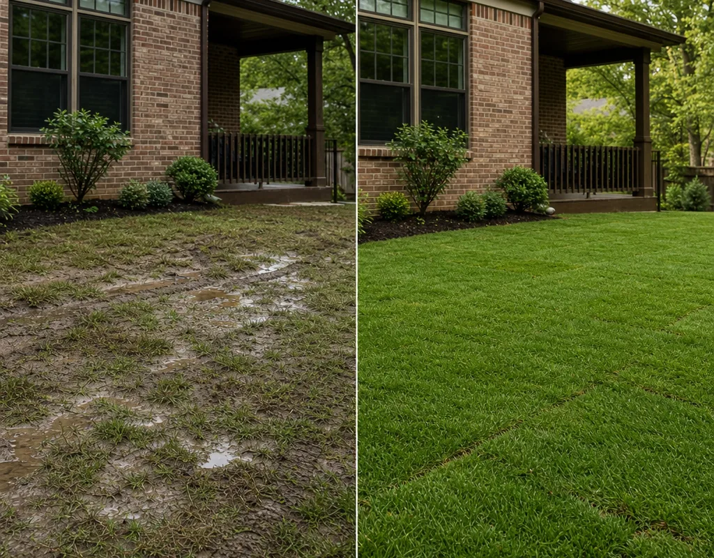 Before and after view of a Pittsburgh backyard transformed from thin muddy grass to newly installed sod with clean edges and an even grade