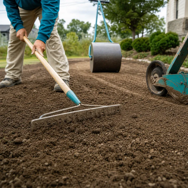 Crew member raking and leveling topsoil to a smooth finish grade before sod installation