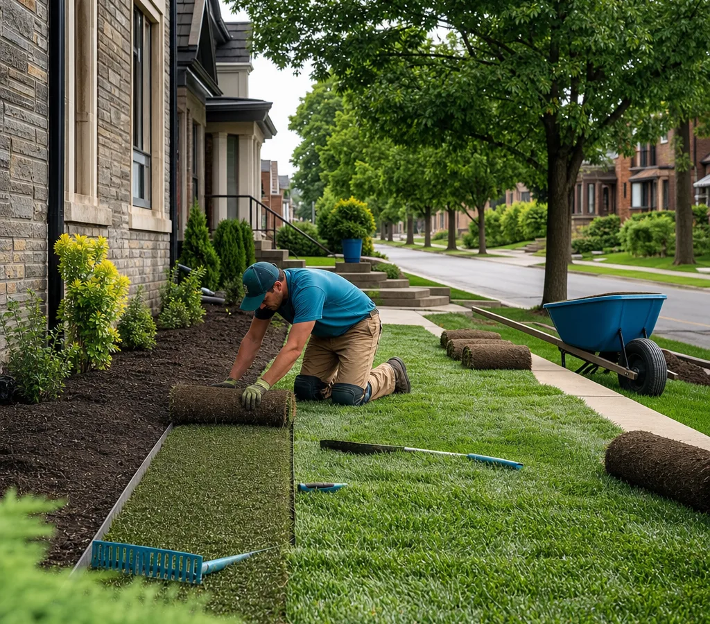 Fresh sod being fitted along a straight landscape edge in a Pittsburgh residential yard with trimming tools nearby