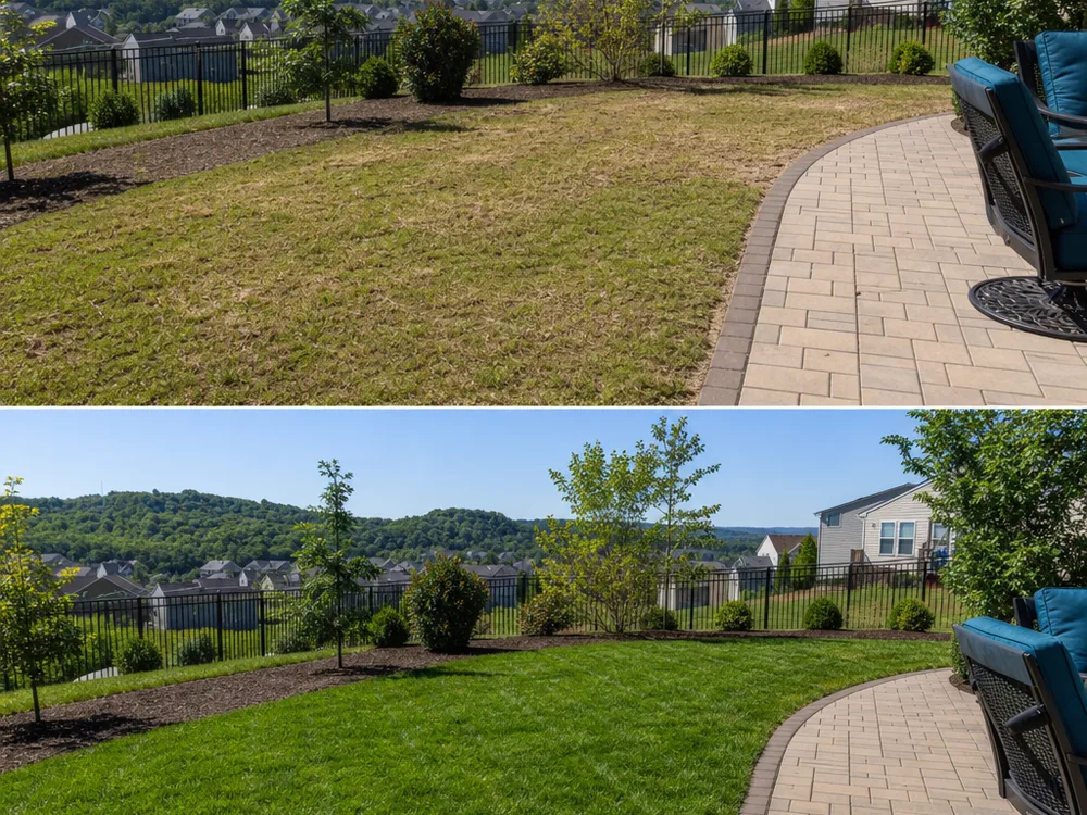Finished sod lawn wrapping around a patio with tight seams, crisp edging, and consistent green color