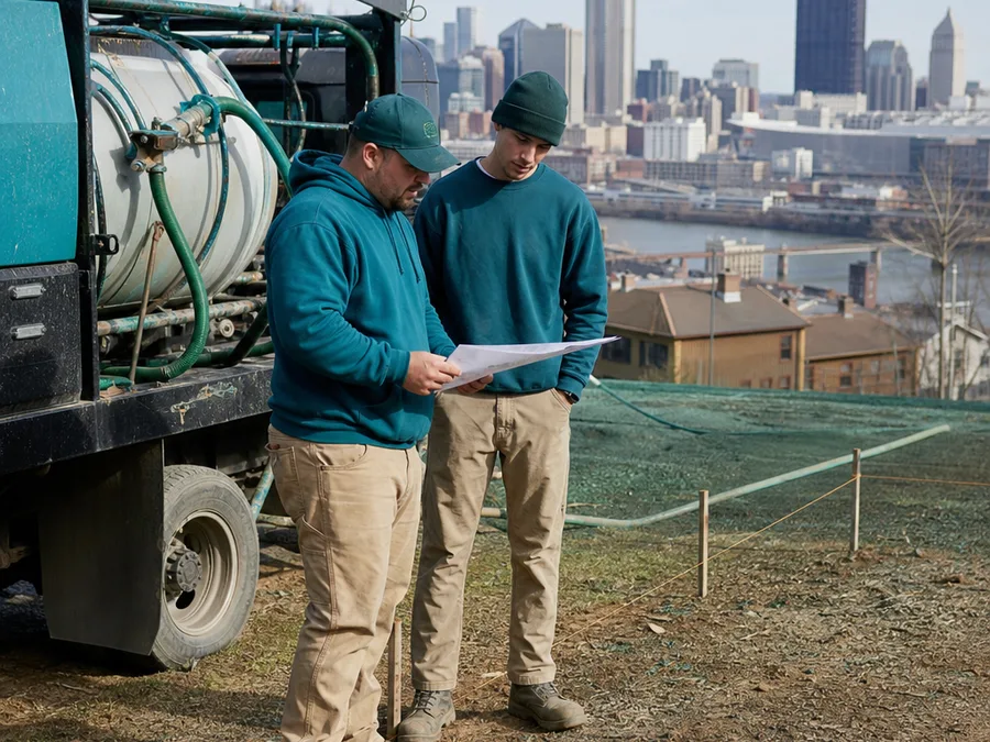 Two-person hydroseeding crew reviewing a lawn plan beside their rig on a Pittsburgh property
